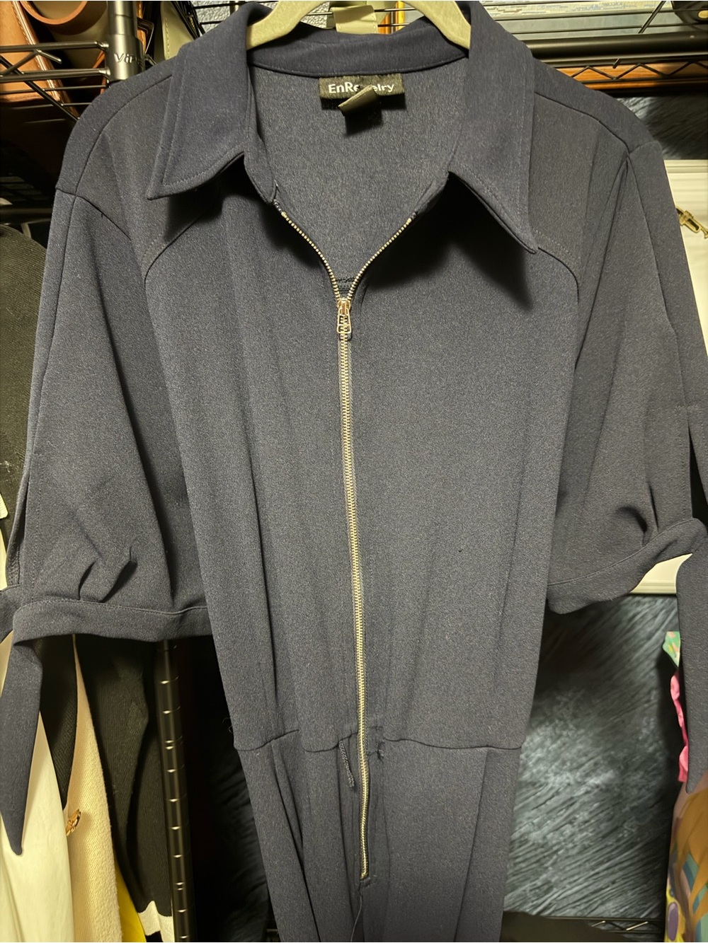 Macy's Navy Zip-Front Jumpsuit with Short Sleeves